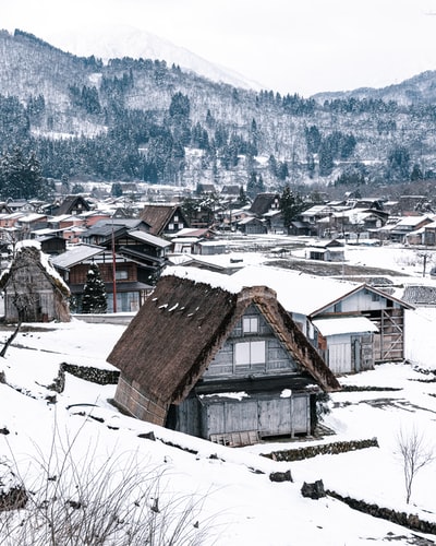 棕色的木头房子在冰雪覆盖的地面白天
